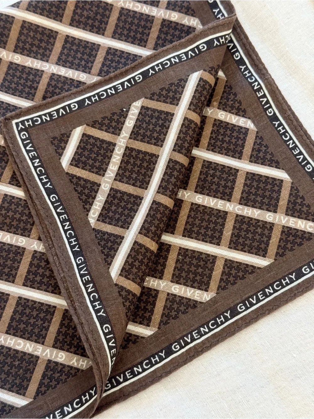 Vintage Givenchy Monogram Logo Cotton Bandana Scarf Brown Made in Japan